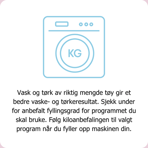 Vask og tørk av riktig mengde tøy gir et bedre vaske- og tørkeresultat. Sjekk under for anbefalt fyllingsgrad for programmet du skal bruke. Følg kiloanbefalingen til valgt program når du fyller opp maskinen din. 