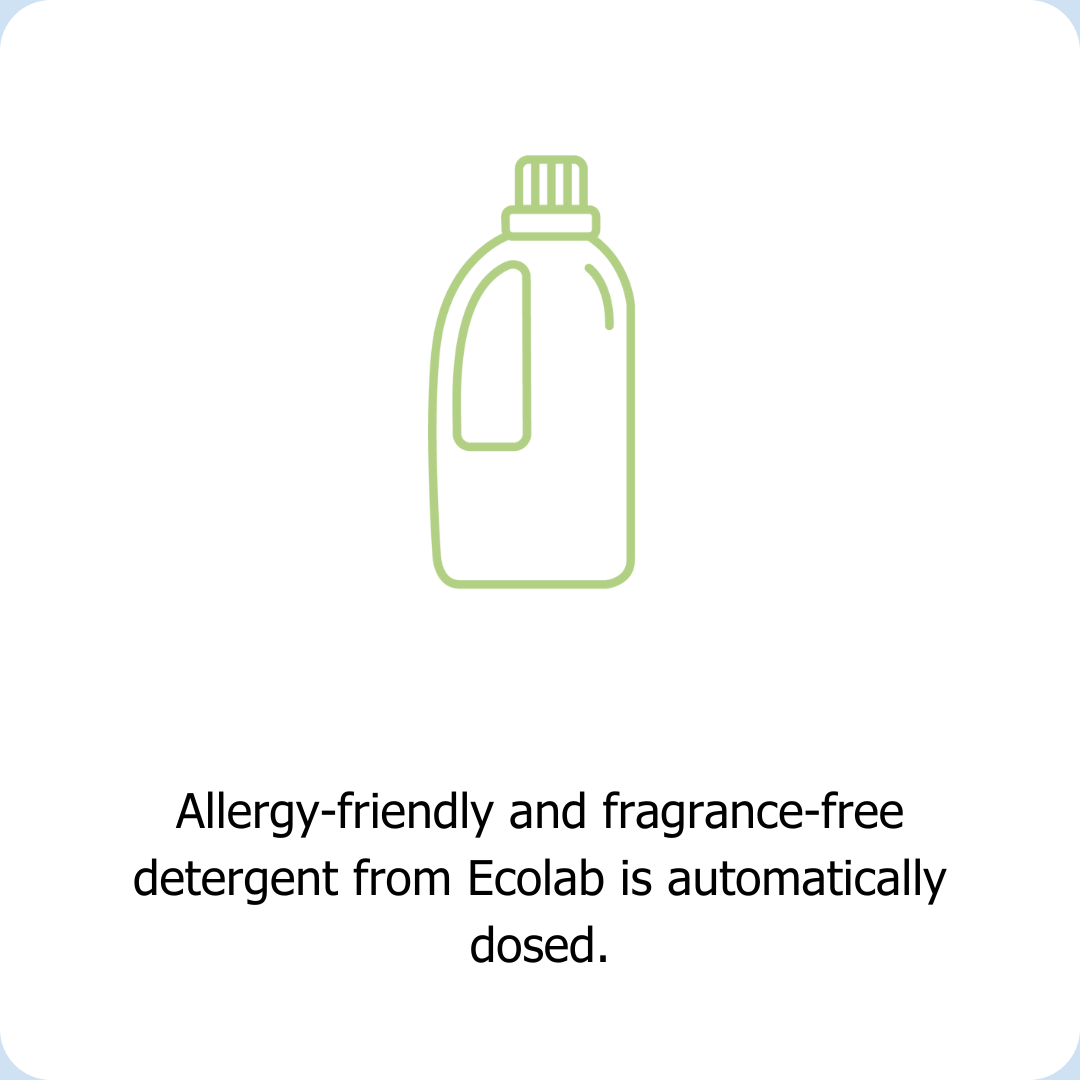Clean Kokos laundromat use allergy-friendly and fragrence-free detergent from Ecolab. Detergent is automatically dosed.
